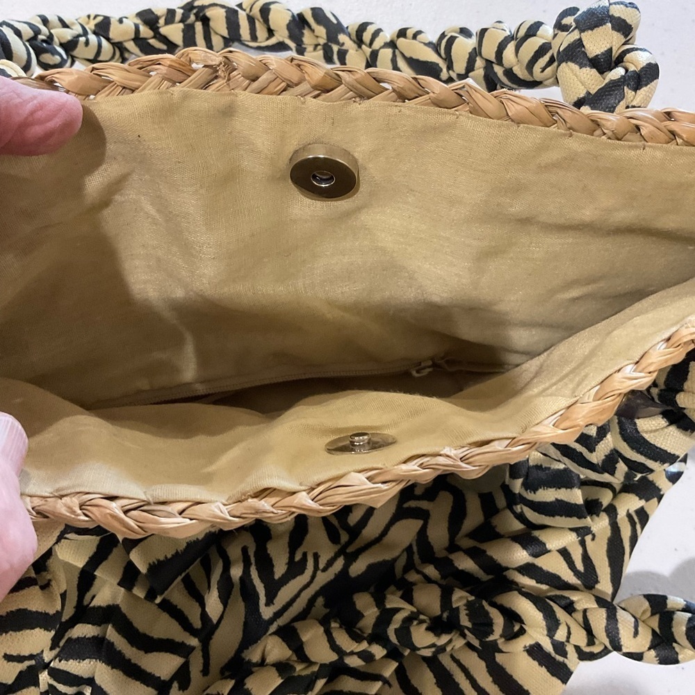 Vintage Sun n’ Sand Animal Print Shoulder Bag Magnetic Straw & Silky Fabric - Picture 6 of 12